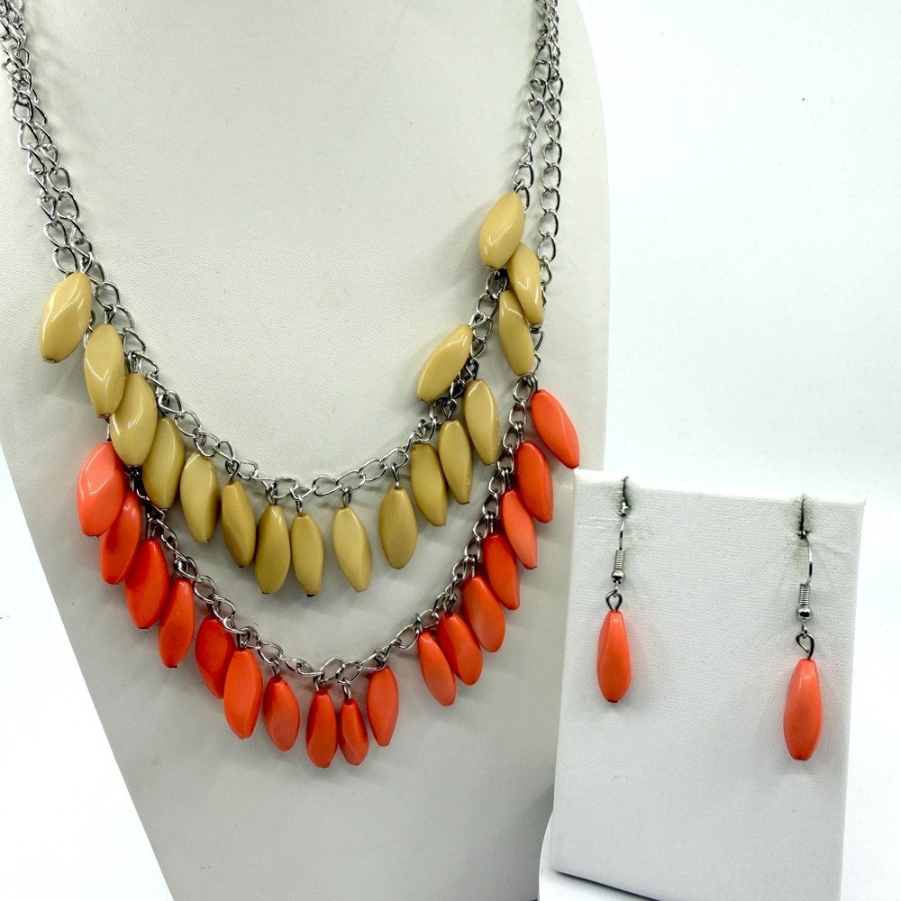 Boho Layered Statement Necklace Dangle Earrings Set Chunky Coral Beige Gift